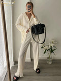 Yidouxian Causal Loose Home Suit Autumn Long Sleeve Blouse With High Wasit Pants Set Women Elegant Pleated Beige 2 Piece Pant Sets