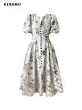 yidouxian Vintage Floral A-Line Dresses 2023 Summer New Waist Puff Sleeves Printed Elegant Midi Dress For Women French Clothing