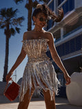 Yidouxian Women Summer Luxury Sexy Strapless Backless Tassel Pearl Mesh Sequins Mini Bodycon Dress 2023 Elegant Evening Club Party Dress 911
