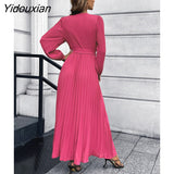 Yidouxian Women New V Neck Long Sleeve Pleated A Line Dress For Ladies Solid Color Lace Up High Waist All Match Dresses