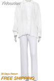 Yidouxian Causal Loose Home Suit Autumn Long Sleeve Blouse With High Wasit Pants Set Women Elegant Pleated Beige 2 Piece Pant Sets