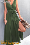 Yidouxian Women Elegant V Neck Long Split Dress 2023 Summer Sleeveless Maxi Beach Dresses Ladies Lace-up Party Dress Vestidos De Verano