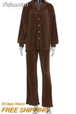 Yidouxian Causal Loose Home Suit Autumn Long Sleeve Blouse With High Wasit Pants Set Women Elegant Pleated Beige 2 Piece Pant Sets