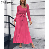 Yidouxian Women New V Neck Long Sleeve Pleated A Line Dress For Ladies Solid Color Lace Up High Waist All Match Dresses