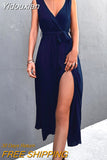 Yidouxian Women Elegant V Neck Long Split Dress 2023 Summer Sleeveless Maxi Beach Dresses Ladies Lace-up Party Dress Vestidos De Verano