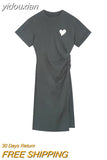 yidouxian Women&#39;s High Street Short Sleeve O-neck Heart Print Mid Long Dresses 2023 Summer Causal High Waist A-Line Grey Slit Dress