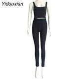 Yidouxian Casual Sporty Knitting Ribbed 2 Piece Outfits Jogging Sexy O Neck Tank Top + Leggings Bodycon Two Piece Set Tracksuit