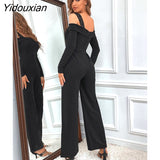 Yidouxian 2023 New Spring Summer Solid Color Long Sleeve Bib One Shoulder Slim Fit Black Women's Jumpsuit