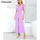 Yidouxian 2023 New Sexy Slim Jumpsuits High Waist Sleeveless Ruffle V Neck Pleated Wide Leg Pants Women For Fashion