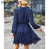Yidouxian Printed Short Dress 2023 New Women Autumn Winter V Neck Long Sleeve Lace Up All Match A Line Dress