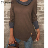 Yidouxian Waffle T-shirt Women Half Turtleneck Long Sleeve Button Solid Colour Patchwork Tops Spring Autumn Elegant Casual Clothes