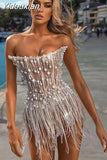 Yidouxian Women Summer Luxury Sexy Strapless Backless Tassel Pearl Mesh Sequins Mini Bodycon Dress 2023 Elegant Evening Club Party Dress 911