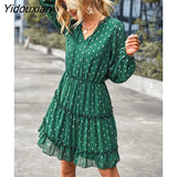 Yidouxian Printed Short Dress 2023 New Women Autumn Winter V Neck Long Sleeve Lace Up All Match A Line Dress