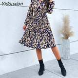 Yidouxian 2023 New Fashion Women's Spring Pleated Print V Neck Long Sleeve Dress For Ladies Lace Up High Waist Dresses