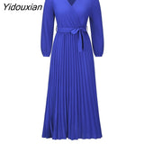 Yidouxian Women New V Neck Long Sleeve Pleated A Line Dress For Ladies Solid Color Lace Up High Waist All Match Dresses