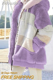 Yidouxian and America 2023 Autumn and Winter Warm Plush Panel Zipper Pocket Hooded Loose Coat Women