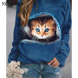 Yidouxian and Autumn Women T Shirt Cute Cat Kitten Print Long Sleeve Ladies Graphic TShirt Casual O-Neck Cartoon Female Tee Tops