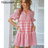 Yidouxian New Spring Summer Loose Short Plaid Dress Women Casual Button V-neck Temperament Patchwork Short Sleeve Mini Dress