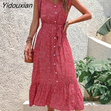 Yidouxian 2023 New Summer Women's V Neck Holiday Print Short Sleeve Lace Up A Line Chic Floral Dress For Fashion