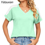 Yidouxian Fashion Short Sleeve Shoulder Color Blocking T-Shirt Female 2023 Summer Casual Streetwear V Neck Cotton Tees Women's Tops