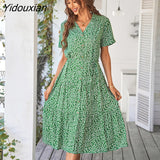 Yidouxian Spring Summer Long Print Dress Women 2023 New Casual Short Sleeve V Neck Single Breasted Temperament Leisure Dresses