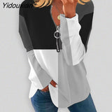 Yidouxian Splicing Color Block Tops Casual Zipper Half Open V-Neck Women Tees Geometry Print Korean T Shirts 2023 Autumn Winter