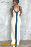 Yidouxian Patchwork V-neck Sleeveless Knit Beach Dress Woman 2023 Summer Vintage Elegant Backless Bodycon Long Dresses Streetwear