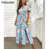 Yidouxian 2023 New Retro Beach Dress For Women V Neck Short Sleeve Lace Up A Line Chic Floral Seaside Vacation Print Dress