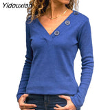 Yidouxian Elegant Knitted Loose T-shirt V Neck Button Splicing Long Sleeves Tops Women Casual Commuter Cotton Solid Color Clothing