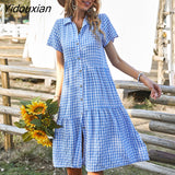 Yidouxian Summer Plaid Shirt Dress Women 2023 New Casual Short Sleeve High Waist Loose Dresses For Ladies Leisure Medium Long Dress