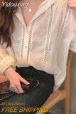 Yidouxian Fashion Oversized Hollow Lace Woman Shirt Turn-down Collar Loose Ladies Tops Long Sleeve White Blouse Women Blusas 13127