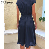 Yidouxian 2023 New Summer Holiday Women's O Neck Short Sleeve Solid Color Pleadted Chic Pleated Dress