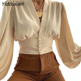 Yidouxian Spring New Lantern Sleeve Tops Women Splicing Solid Color Button V-Neck Shirt Cardigan Slim Fit Female Casual Office Blouse