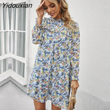 Yidouxian Spring Summer Loose Floral Short Dress For Women Casual Ruffles Half High Collar Ladies A Line Oversize Print Dress