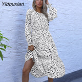 Yidouxian Spring Summer Light Mature Leopard Print Halter Full Sleeve Dress Women Fashion O Neck Loose All Match Long Dresses