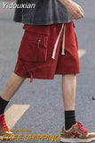 Yidouxian wine red work shorts summer oversized retro street trend short pants men y2k cargo pants Couples 2023 new sweatpants