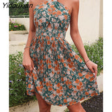 Yidouxian 2023 New Summer Women Halter Neck Pleated Sleeveless Necklace Floral High Waist Green Backless Lace Up Dress