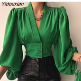 Yidouxian Spring New Lantern Sleeve Tops Women Splicing Solid Color Button V-Neck Shirt Cardigan Slim Fit Female Casual Office Blouse