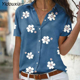 Yidouxian Single Breasted Cardigan Floral Print Shirt Women British Style Lapel Long Short Sleeve Blouse Commuter Casual Loose Top