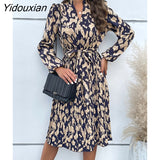 Yidouxian 2023 New Fashion Women's Spring Pleated Print V Neck Long Sleeve Dress For Ladies Lace Up High Waist Dresses