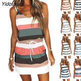 Yidouxian Stripe Pocket Bandage Mini Sling Dress Sexy V-Neck Shoulder Strap Beach Party Dress 2023New Women Summer Dress