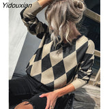 Yidouxian New Fashion Women's Autumn Winter O Neck Diamond Long Sleeve Sweater For Ladies Causal All Match Knitted Tops