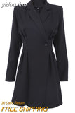 yidouxian 2023 Spring New Office Lady Long Sleeve Women Blazer Dress Elegant Solid Color Slim Waist Button Black Woman Dresses