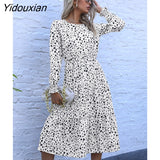 Yidouxian Spring Summer Light Mature Leopard Print Halter Full Sleeve Dress Women Fashion O Neck Loose All Match Long Dresses