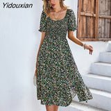 Yidouxian Spring Summer Long Print Dress Women Bohemian Short Sleeve High Waist Flroal Dresses For Ladies Leisure