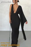 yidouxian Elegant Bandage Lace Up Maxi Dress V-Neck Backless Raglan Sleeve Fashion Ladies Gown Ruched Dresses Party Club Prom 2023