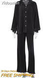 Yidouxian Causal Loose Home Suit Autumn Long Sleeve Blouse With High Wasit Pants Set Women Elegant Pleated Beige 2 Piece Pant Sets