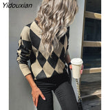 Yidouxian New Fashion Women's Autumn Winter O Neck Diamond Long Sleeve Sweater For Ladies Causal All Match Knitted Tops