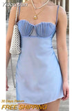 Yidouxian Y2K Street Style Slip Dress Women Shell Pleated Chest Spaghetti Straps Backless Mini Vestidos Casual Beach Clothing Blue 921