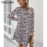 Yidouxian Spring Summer Loose Floral Short Dress For Women Casual Ruffles Half High Collar Ladies A Line Oversize Print Dress